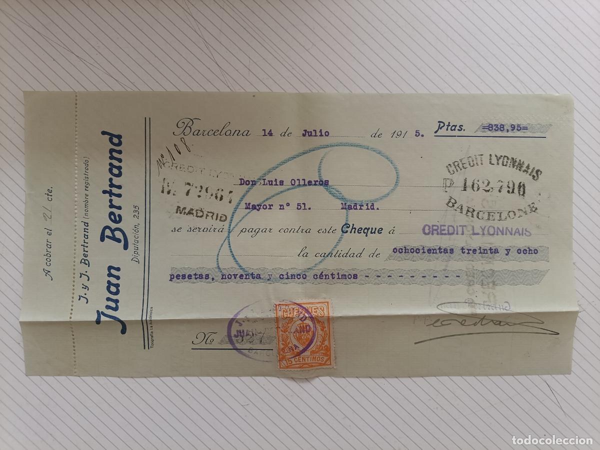 Documenti bancari: Cheque Juan Bertrand, Barcelona 1915. Timbre fiscal, Sello fiscal cheques 15 c&eacute;ntimos