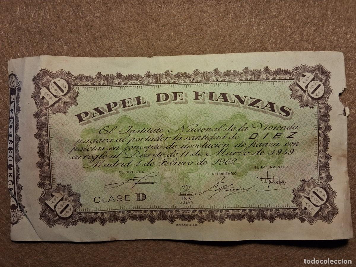 Documentos bancarios: PAPEL DE FIANZAS INSTITUTO NAL. DE LA VIVIENDA. FEBRERO DE 1962.- VALOR 10 PTAS.