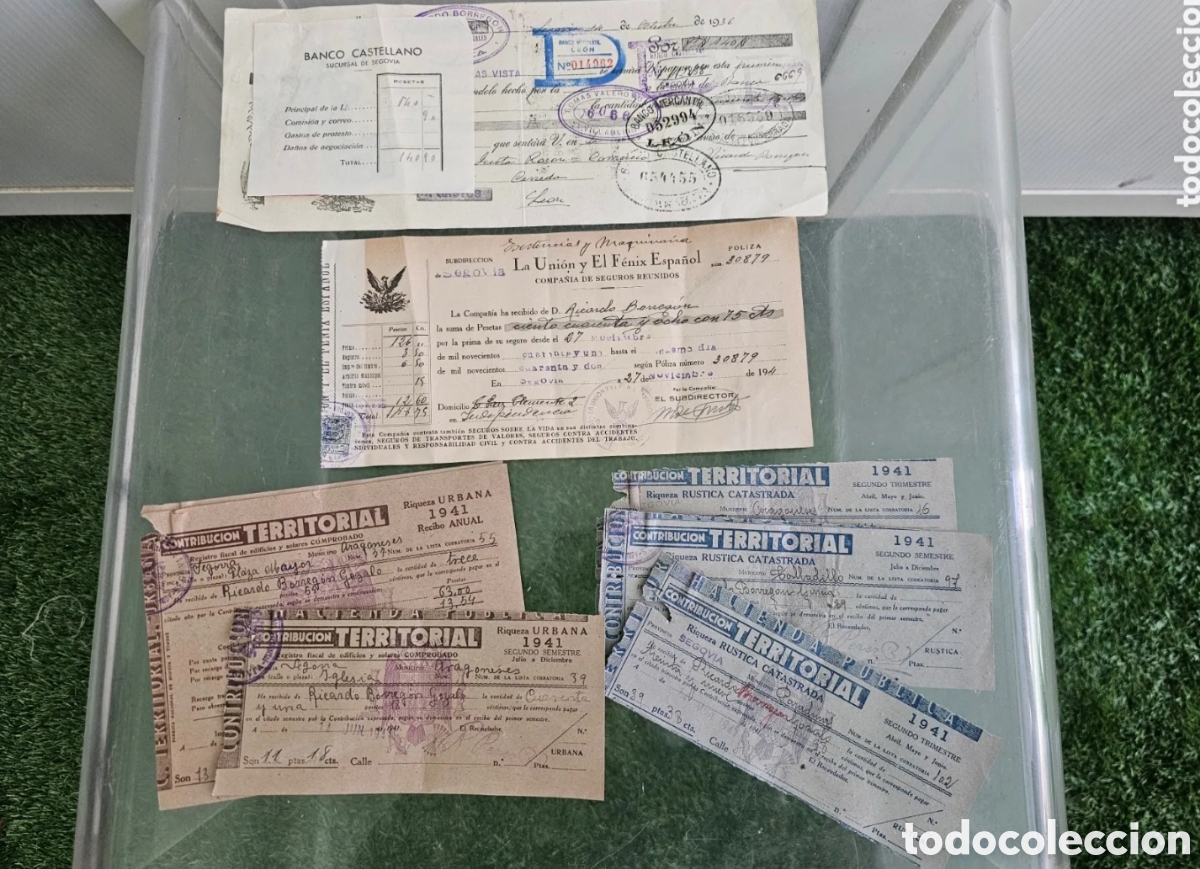 Documentos bancarios: Lote de documentos y recibos antiguos, 1941, seguros la union y el fenix, contribuci&oacute;n, etc