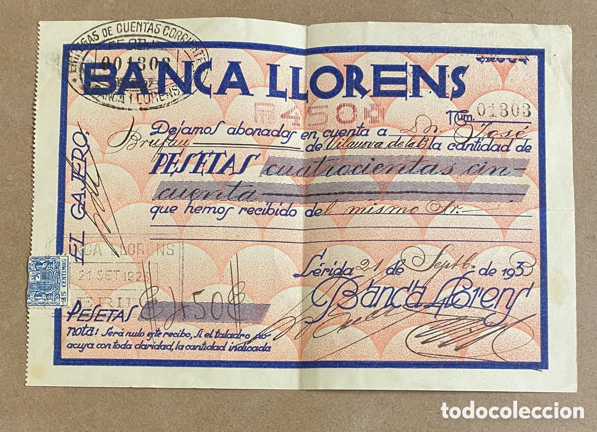 Documentos bancarios: Recibo bancario original de la Banca Llorens de L&eacute;rida Lleida 1933 o 23 y publicidad cajas seguridad