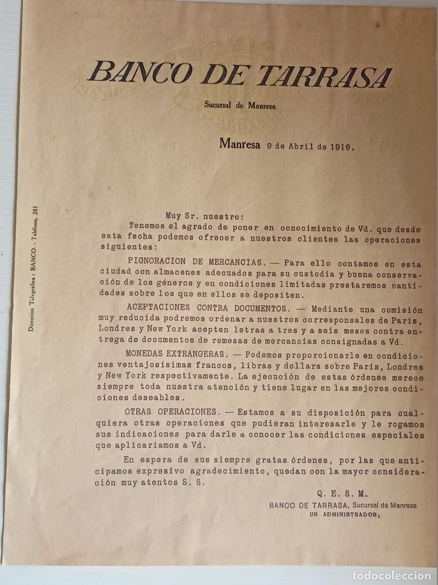 Documentos bancarios: DOCUMENTO O CIRCULAR DEL BANCO DE TARRASA DEL 9 ABRIL DE 1919, INFORMANDO DE LO QUE PUEDE OFRECER