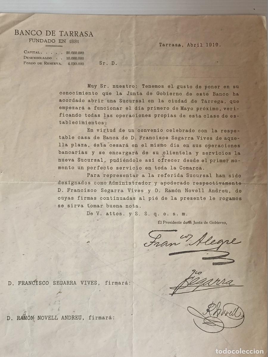 Documentos bancarios: DOCUMENTO DE COMUNICACION DEL BANCO DE TARRASA DE ABRIL DE 1919 DE ABRIR UNA SUCURSAL EN TARREGA