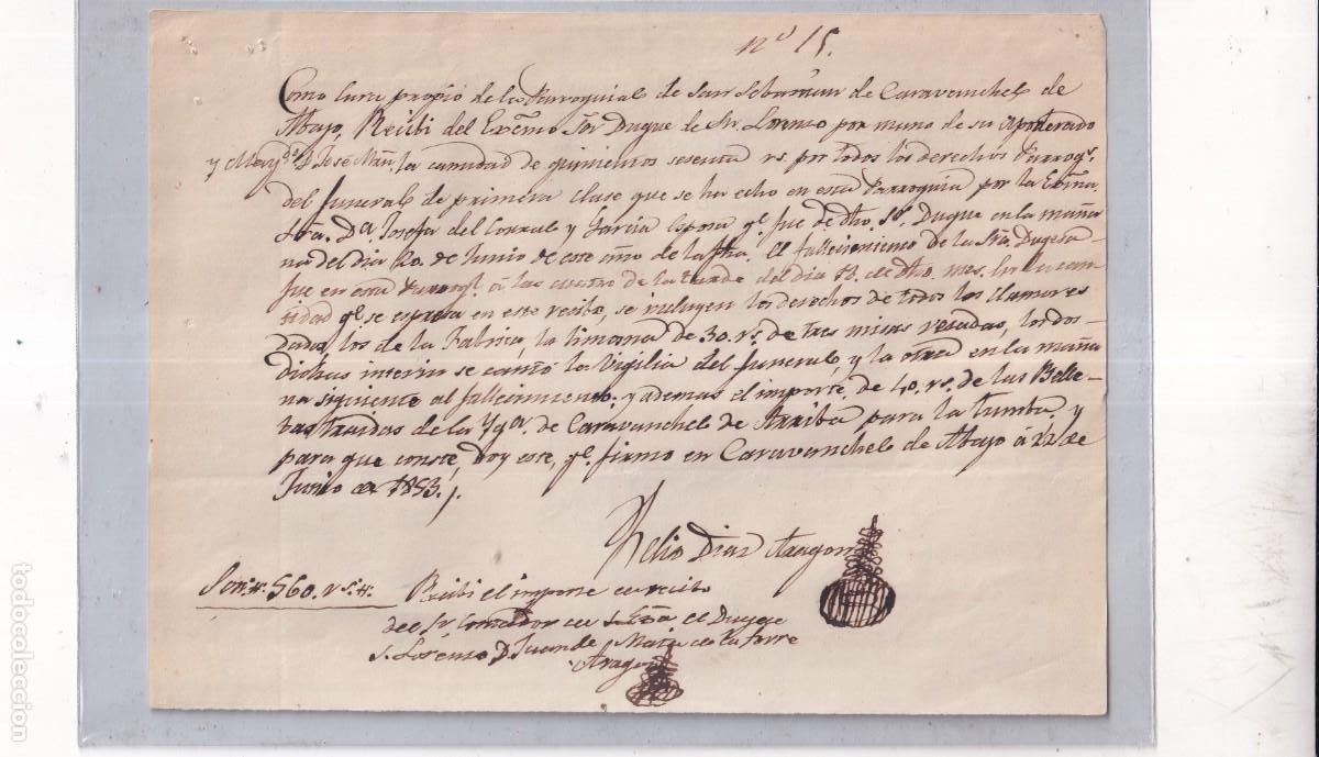 Documentos bancarios: Recibo del importe de 560 reales para el funeral de la esposa Duque de San Lorenzo Carabanchel 1893