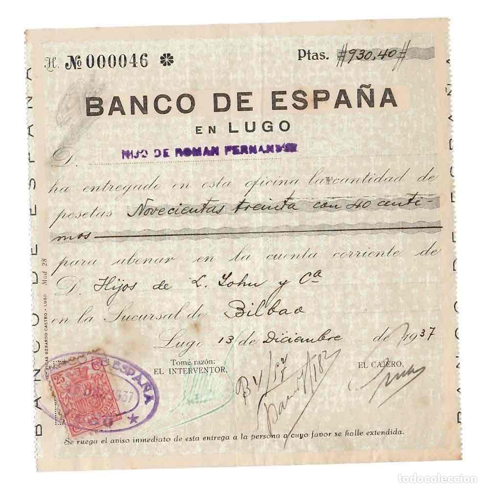 Documentos bancarios: RECIBO ABONAR&Eacute; EN CUENTA BANCO DE ESPA&Ntilde;A EN LUGO. DICIEMBRE DE 1937. CON TIMBRE DE EPOCA