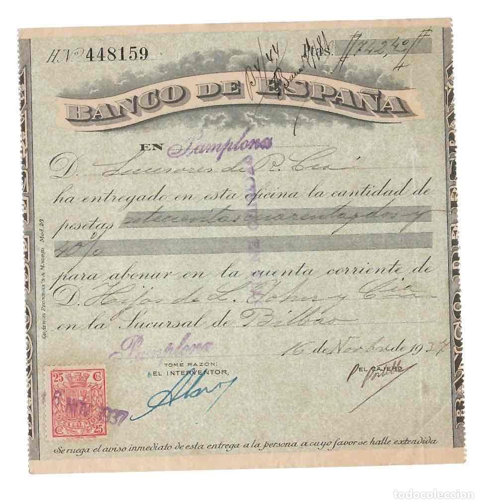 Documentos bancarios: RECIBO ABONAR&Eacute; EN CUENTA BANCO DE ESPA&Ntilde;A EN PAMPLONA. NOVIEMBRE 1937. CON TIMBRE DE EPOCA