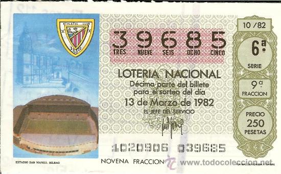 Coleccionismo deportivo: DECIMO LOTERIA NACIONAL ATHELIC BILBAO ESPA&Ntilde;A82 - Foto 1