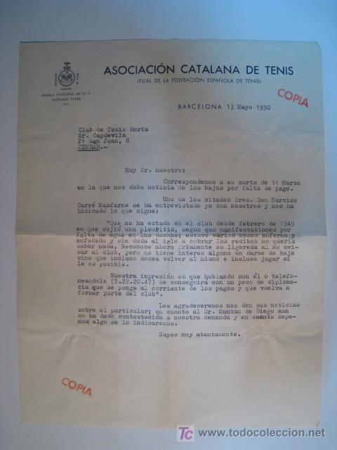 Collectionnisme sportif: ASOCIACION CATALANA TENI. CARTA 1950