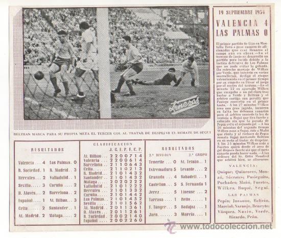 Collectionnisme sportif: FICHA IMPRESA DEL PARTIDO VALENCIA 4 LAS PALMAS 0, 19-09-1954, ESTADIO DEL MESTALLA BELTRAN SEGUI