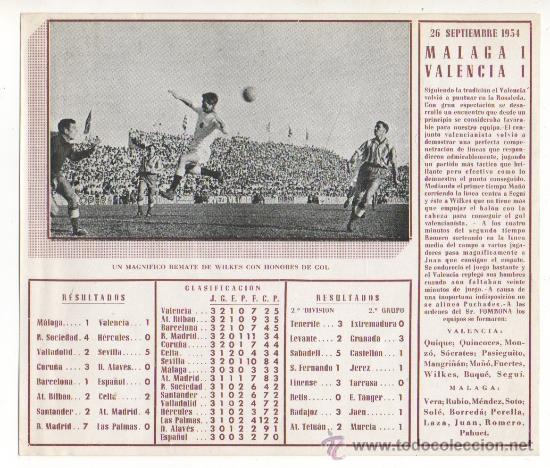 Collectionnisme sportif: FICHA IMPRESA DEL PARTIDO MALAGA 1 VALENCIA 1, 26-09-1954, ESTADIO LA ROSALEDA, WILKES