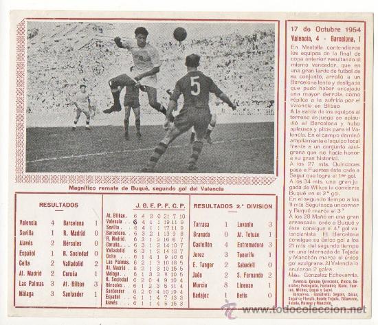 Collectionnisme sportif: FICHA IMPRESA DEL PARTIDO VALENCIA 4 BARCELONA 1, 17-10-1954, ESTADIO MESTALLA, BUQUE