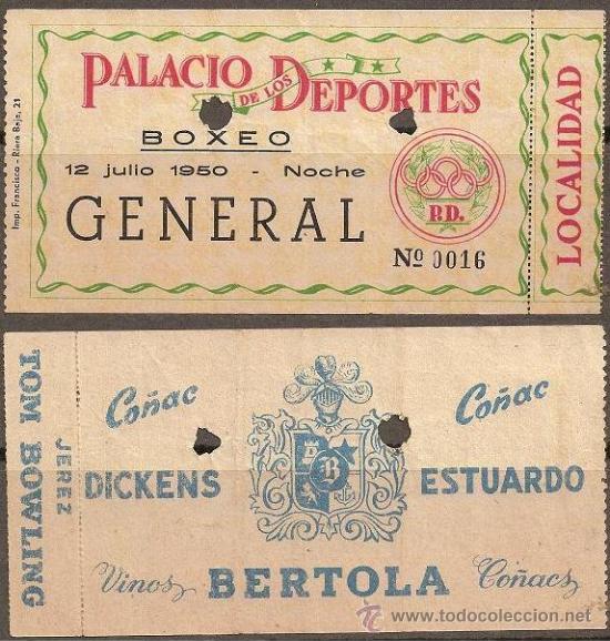 Sports collectibles: 0230 - LOCALIDAD DE BOXEO - PALACIO DE LOS DEPORTES - 12 -7- 1950- CON PUBLICIDAD