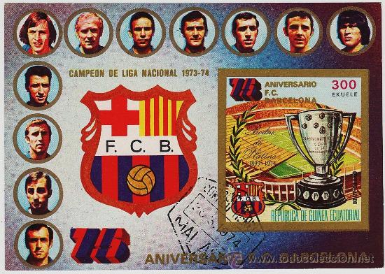 Coleccionismo deportivo: futbol.- bar&ccedil;a.- f c barcelona .- hojita guinea ecuat. - 75 aniv. .- a&ntilde;o 1974 .- filatelia