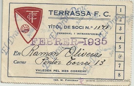 Sports collectibles: TITOL SOCI N&ordm; 1171 RAMON OLIVERAS 1935 F C TERRASSA