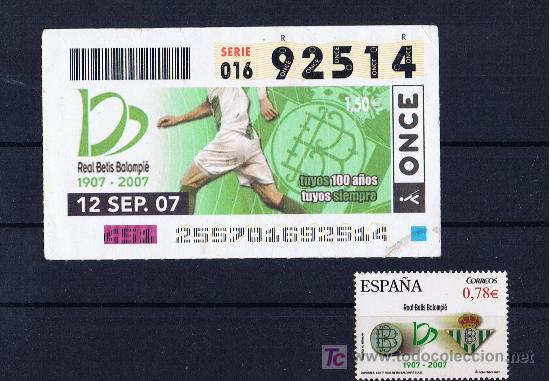 Sports collectibles: Centenario Betis Balonpie cupon de la onze i sello nuevo conmemorativo