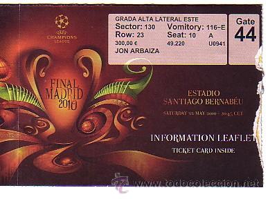 Collectionnisme sportif: CHAMPIONS LEAGUE 2010 MADRID EL SOBRE DE ENTRADA PERSONAL