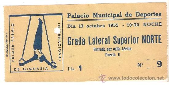 Sports collectibles: 0232G - PALACIO MUNICIPAL DE DEPORTES - 1&ordm; PREMIO DE GIMNASIA INTERNACIONAL - 1955