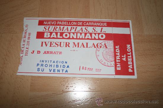 Coleccionismo deportivo: ENTRADA BALONMANO IVESUR MALAGA - J.D. ARRATE 1997 - Foto 1