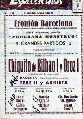 Coleccionismo deportivo: PROGRAMACION FROTON BARCELONA SEPTIEMBRE 1941 - Foto 1