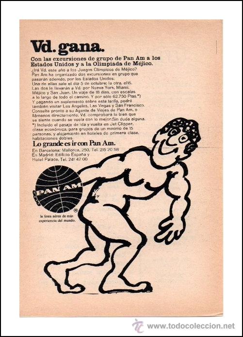 Sports collectibles: PUBLICIDAD ANTIGUA. AVIACI&Oacute;N. PAN AM. JUEGOS OL&Iacute;MPICOS DE M&Eacute;JICO. 1968.