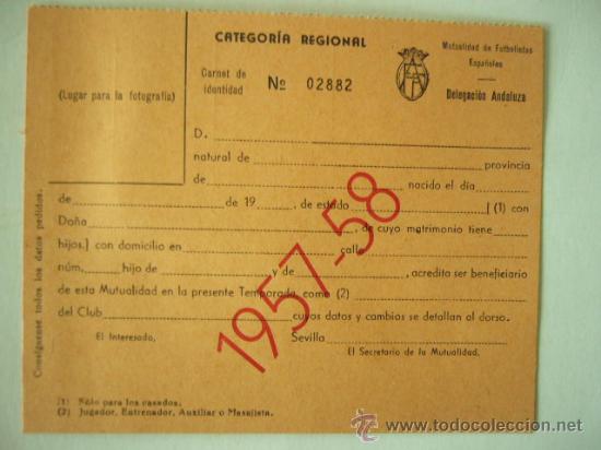 Coleccionismo deportivo: FICHA EN CARTULINA DE FUTBOL.  CATEGORIA REGIONAL.  1957-58.  ANDALUCIA.  SIN USO.