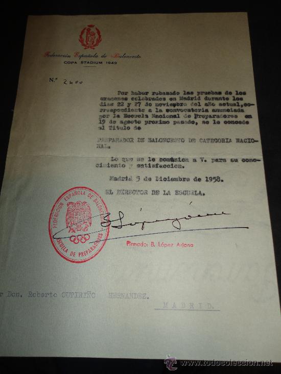 Collectionnisme sportif: CARTA DE LA FEDERACION ESPA&Ntilde;OLA DE BALONCESTO, CONCEDIENDO TITULO DE PREPARADOR NACIONAL.