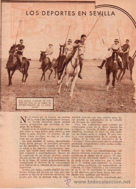 Coleccionismo deportivo: LOS DEPORTES EN SEVILLA. POLO. GRAN PREMIO LA UNI&Oacute;N. JOS&Eacute; GARC&Iacute;A 'POLI'. 1933. 3 HOJAS DE REVISTA.