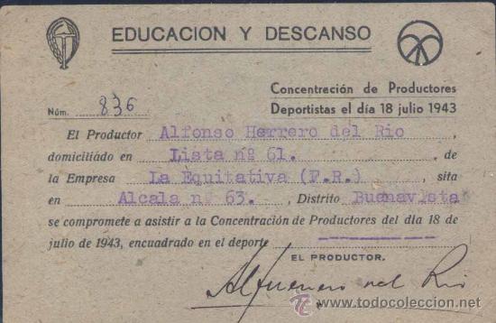 Coleccionismo deportivo: A&Ntilde;O 1943.- TARJETA DE LA CONCENTRACI&Oacute;N DE PRODUCTORES DEPORTISTA