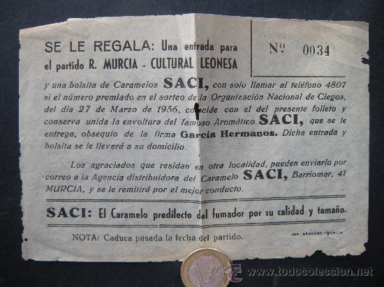 Coleccionismo deportivo: FUTBOL. REAL MURCIA CULTURAL LEONESA A&Ntilde;O 1956. LOTERIA CARAMELOS SACI