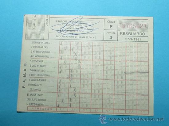 Coleccionismo deportivo: RESGUARDO DE QUINIELA SIN SELLAR DE LA JORNADA DE 27/9/1981 - Foto 1