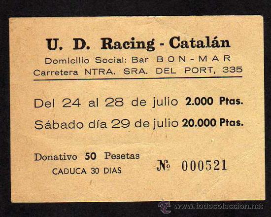 Coleccionismo deportivo: ANTIGUO BOLETO SORTEO U.D.RACING - CATALAN  - BARCELONA - Foto 1