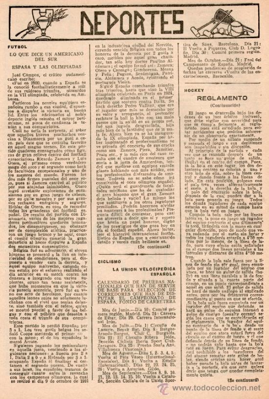 Sammelleidenschaft Sport: ARTICULO PROCEDENTE DE REVISTA. CICLISMO FUTUBOL HOKEY. TAMA&Ntilde;O FOLIO. EN PAPEL. A&Ntilde;O: 1928. ORIGINAL