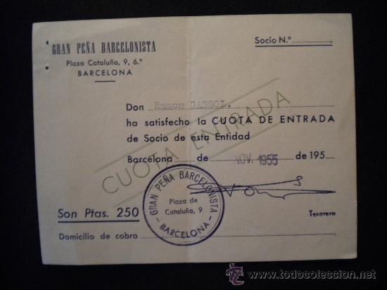 Coleccionismo deportivo: Cuota de socio de la gran pe&ntilde;a barcelonista 11-1955. - Foto 1