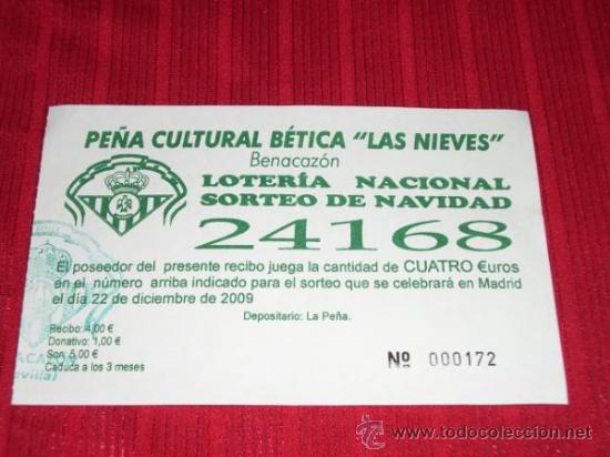 Sammelleidenschaft Sport: Papeleta / participaci&oacute;n Loter&iacute;a sorteo de navidad 2009. Real Betis (Pe&ntilde;a b&eacute;tica)