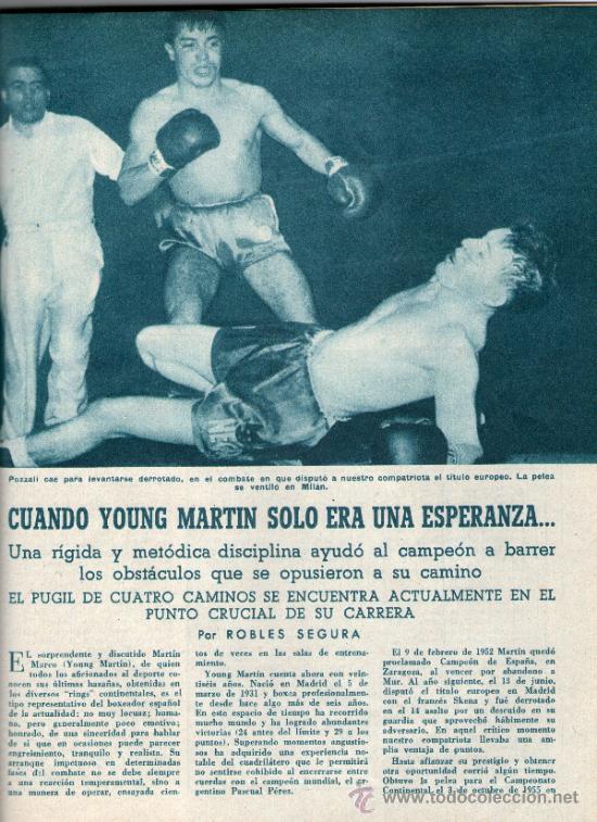 Coleccionismo deportivo: YOUNG MARTIN BOXEADOR ESPA&Ntilde;OL. TAMA&Ntilde;O FOLIO. 2 HOJAS. ARTICULO DE REVISTA. A&Ntilde;O: 1957
