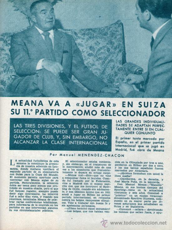 Coleccionismo deportivo: MEANA SELECCIONADOR NACIONAL FUTBOL. TAMA&Ntilde;O FOLIO. 2 HOJAS. ARTICULO DE REVISTA. A&Ntilde;O: 1957