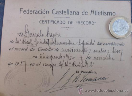 Coleccionismo deportivo: Antiguo certificado de record 400 metros lisos 1917 - Foto 1