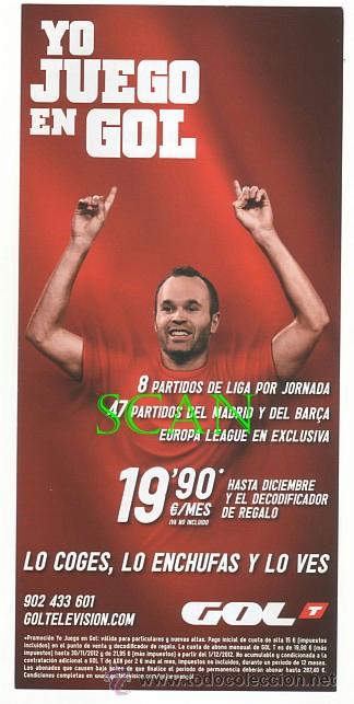 Coleccionismo deportivo: ARC-01 ANDRES INIESTA JUGADOR DE FUTBOL ESPA&Ntilde;A Y BARCELONA FOLLETO PUBLICITARIO DE GOL TV 2012 RARO