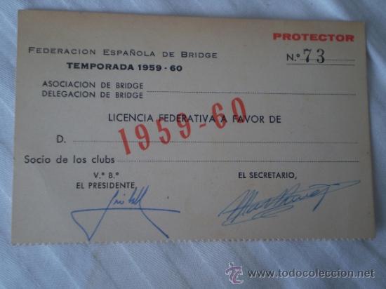 Sammelleidenschaft Sport: ANTIGUA LICENCIA FEDERACION ESPA&Ntilde;OLA DE BRIGGE,1959,60