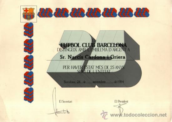 Collectionnisme sportif: diploma del futbol club barcelona , 25 a&ntilde;os de socio 1984