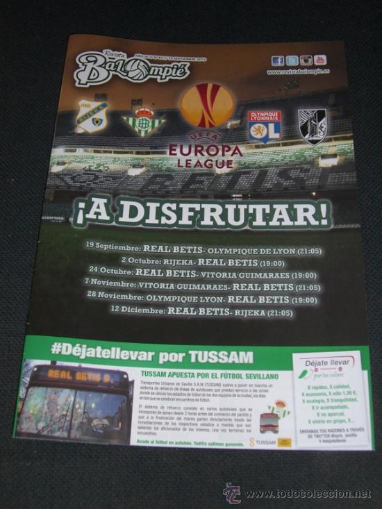Coleccionismo deportivo: Programa f&uacute;tbol Real Betis (Revista Balompi&eacute;,19/09/2013) Betis - Olym Lyon (Europa League) uefa