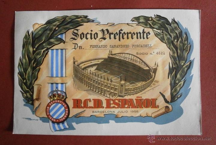 Coleccionismo deportivo: Diploma de Socio Preferente del R.C.D. Espa&ntilde;ol - Foto 1