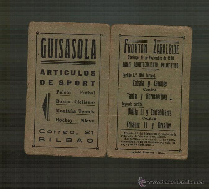 Collezionismo sportivo: ANTIGUA TARJETA TORNEO FRONTON ZABALBIDE, GRAN ACONTECIMIENTO PELOTISTICO 1940