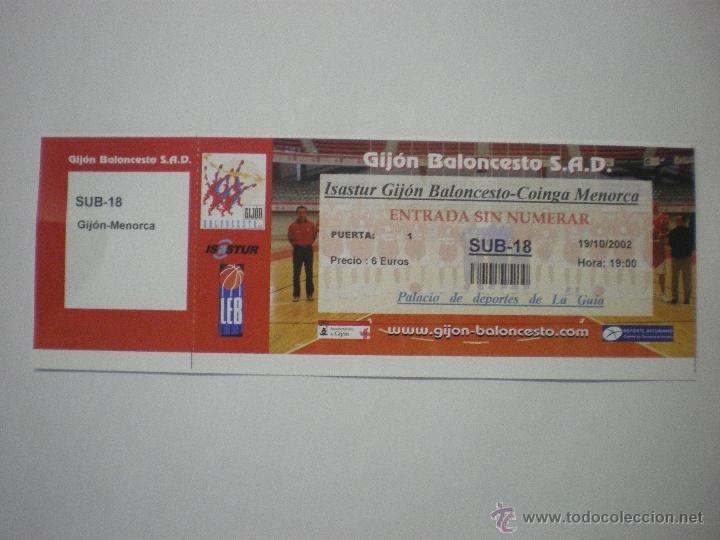 Sammelleidenschaft Sport: Entrada Isastur Gij&oacute;n Baloncesto - Coinga Menorca B&agrave;squet - Liga LEB - 19/10/2002 - Modelo 1