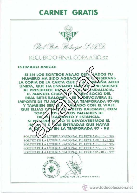 Sammelleidenschaft Sport: REAL BETIS BALOMPIE,1997, CARNET GRATIS, CARTA DE LOPERA A MANUEL CHAVES
