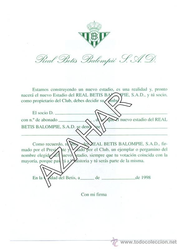 Sammelleidenschaft Sport: REAL BETIS BALOMPIE, 1998, IMPRESO PARA DENOMINACION ESTADIO
