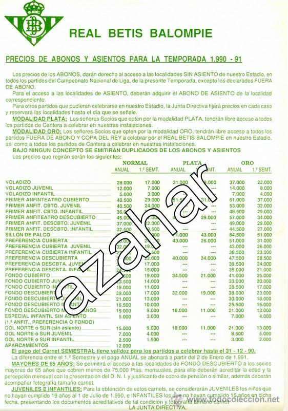 Sammelleidenschaft Sport: REAL BETIS BALOMPIE, LISTA PRECIO ABONOS TEMPORADA 1990-1991
