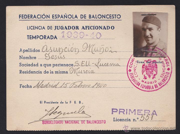 Sports collectibles: *** INTERESANTE LICENCIA DE JUGADOR AFICIONADO 1939-40 FEDERACI&Oacute;N DE BALONCESTO (MURCIA) ***