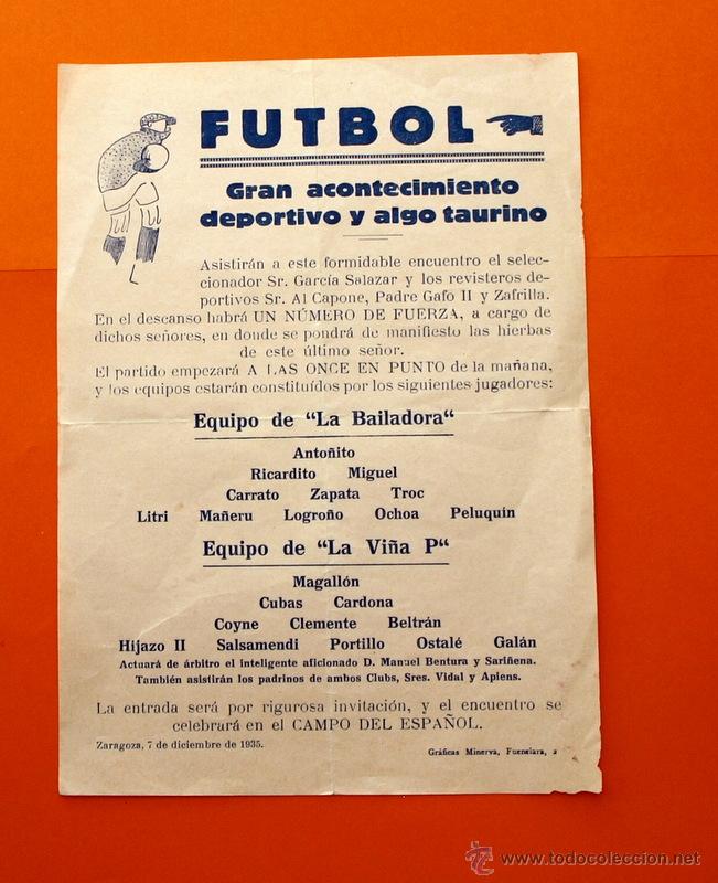 Coleccionismo deportivo: FUTBOL EQUIPO DE LA BAILADORA Y LA VI&Ntilde;A P GRAN ACONTECIMIENTO DEPORTIVO Y ALGO TAURINO ZARAGOZA 1935