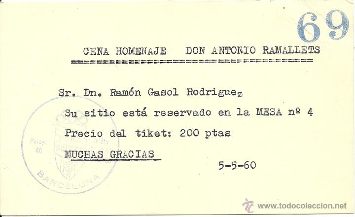 Coleccionismo deportivo: (F-941)CENA HOMENAJE A D.ANTONIO RAMALLETS,PE&Ntilde;A SOLERA,5-5-1960 - Foto 1