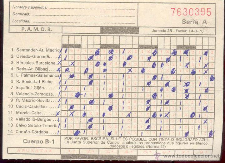 Coleccionismo deportivo: QUINIELA JORNADA 28 -14-3-1976 - Foto 1